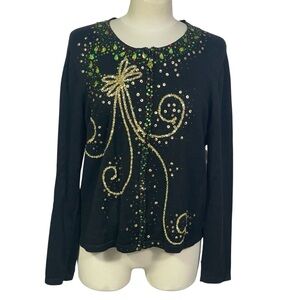 Vintage Jack B Quick Black Christmas Sequins Gold Bow Zip Cardigan Sweater Sz L